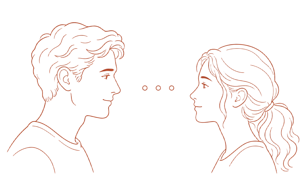 Line drawing of a man and a woman facing each other with a pause between them