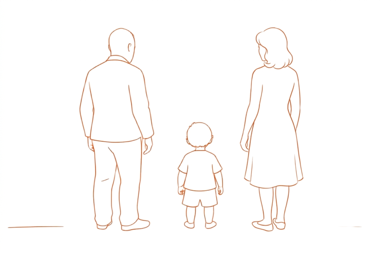 Line drawing of a child standing between a man and a woman who are facing away from each other