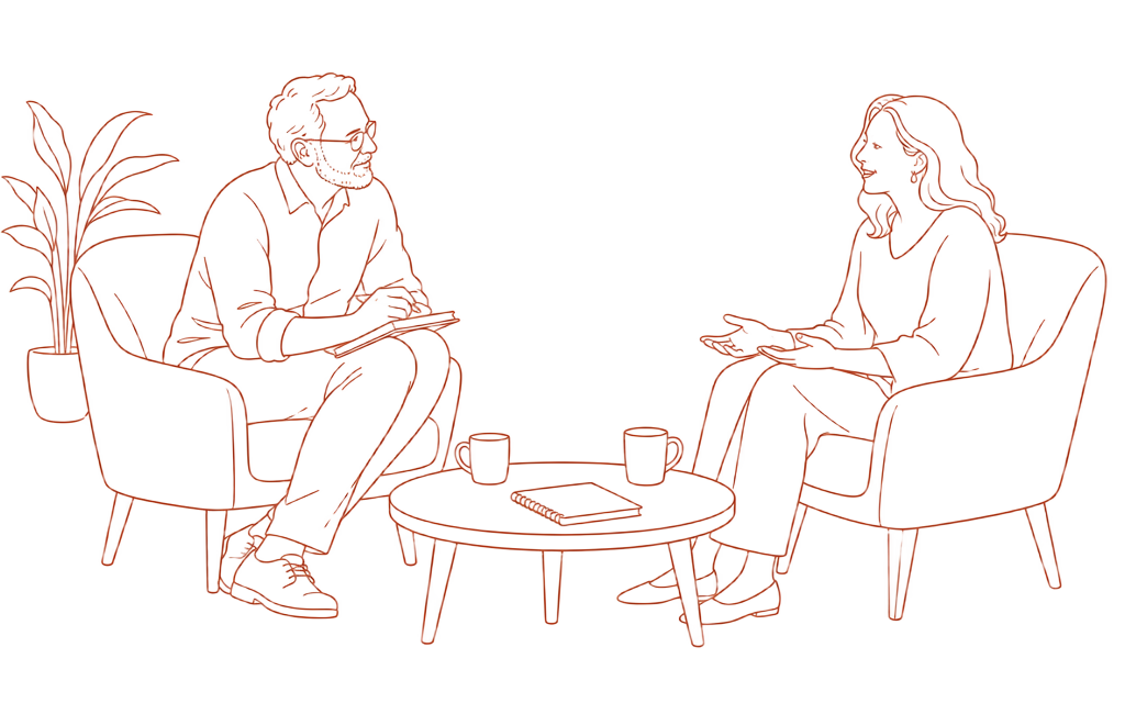 Line drawing of a coach listening while a woman talks, two armchairs and a low table between them