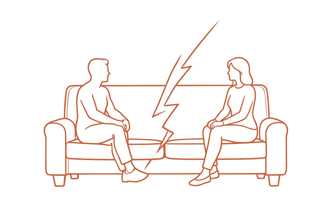 Line drawing of a man and a woman at opposite ends of a sofa with a crack between them