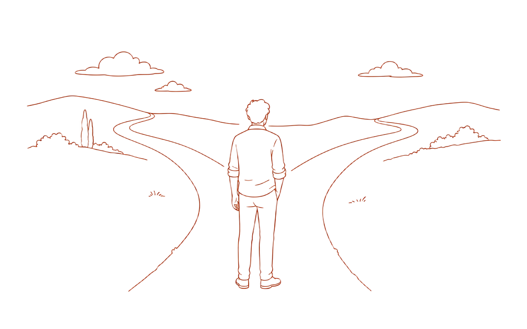 Line drawing of a single road splitting into two paths with one figure at the split