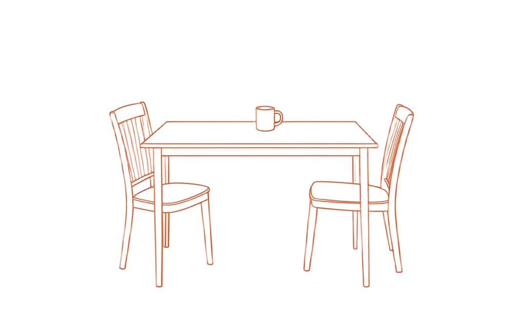 Line drawing of a kitchen table with two chairs and a single mug