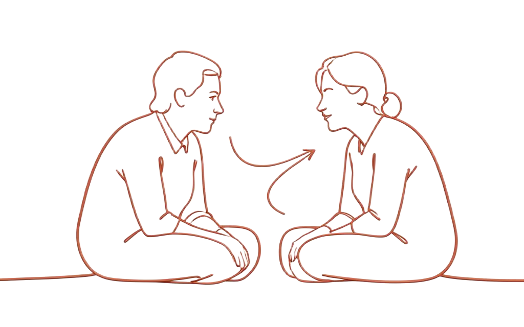 Line drawing of one person listening to another