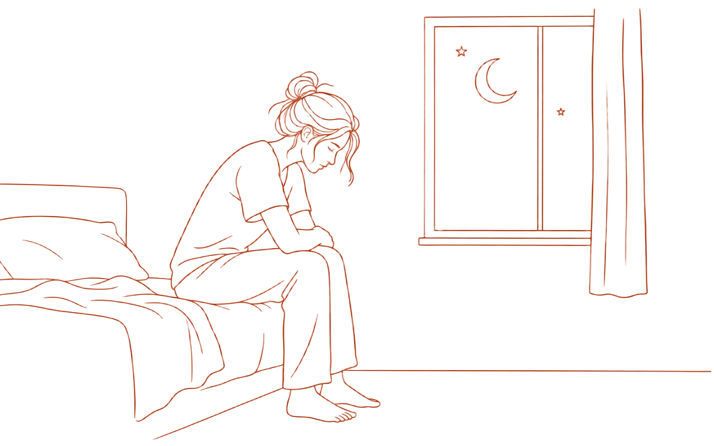 Line drawing of a woman sitting alone on the edge of a bed late at night beside a moonlit window