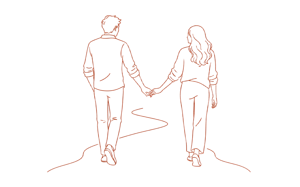 Line drawing of a man and a woman walking side by side, hands lightly touching