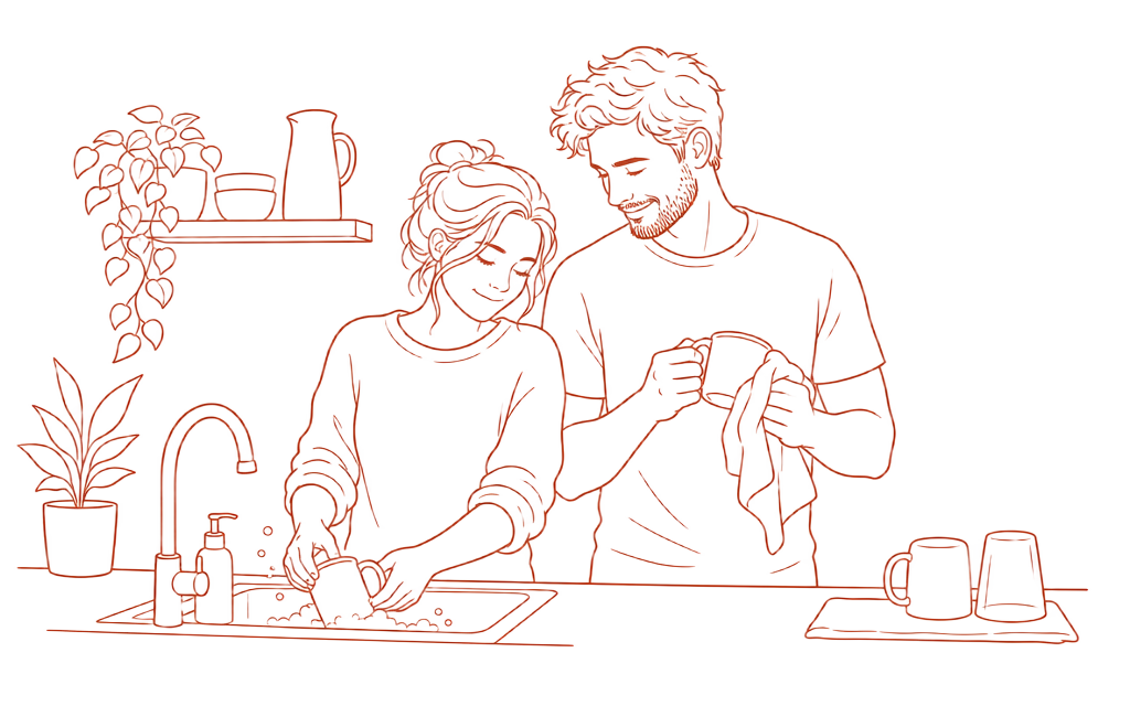 Line drawing of a man and a woman washing and drying mugs together at a kitchen sink