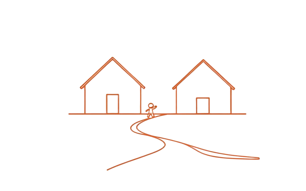 Line drawing of two small houses joined by a curved path with a child on it